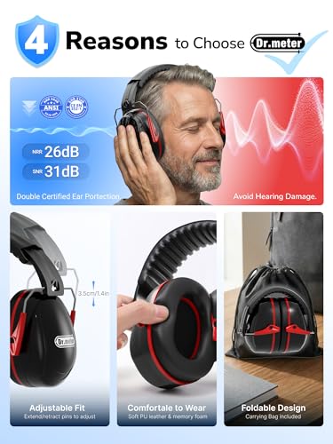 Image of Dr.meter Ear Protection Ear Muffs, 31dB Noise Reduction Safety Earmuffs with Adjustable Headband for Adults Kids Autism Sensory Hearing Protection, Earmuff for Range Mowing, Hunting, Monster Jam