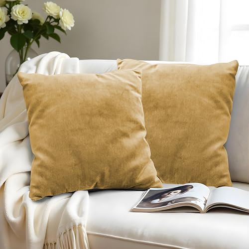 Image of R home Velvet Cushion Cover | Pack of 2 | for Sofa, Bed, Car, Living Room & Chair | Decorative Throw Reversible Cushion Covers (2, Mustard, 18 X 18 INCH)