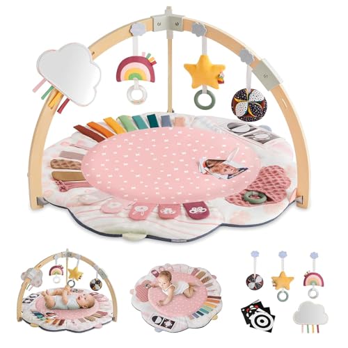 Image of Blissful Diary Baby Play Gym & Activity Mat, 5 Developmental Zones Wooden Tummy Time Mat with 5 Detachable Sensory Toys for Motor Skills & Sensory Development, Baby Essentials Shower Gift, Pink Flower