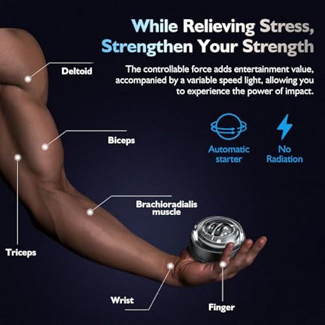 Torque Ball Hand Exerciser, Gyro Ball, Auto-Start Gyroscopic Wrist Trainer for Arms, Hand Strengthening Devices, Wrist Strengthener, Finger Exerciser, Auto-Start Colorful Lightin