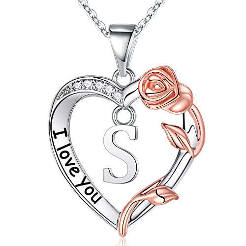 MONOZO Rose Heart Necklaces for Women Girls, Heart Initial S Necklace Jewelry Birthday Gifts for Women Mothers Day Christmas Gifts for Women Mom Wife Girlfriend Teenage Girls