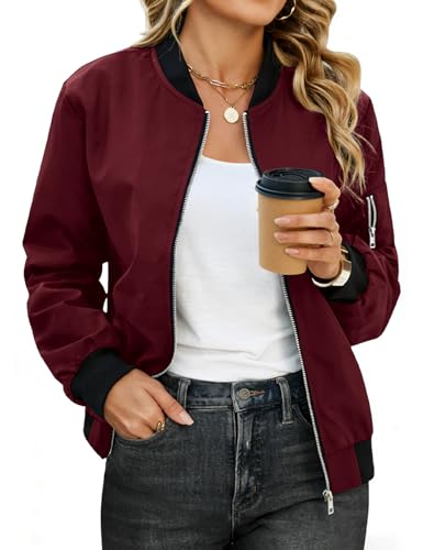 CMTOP Veste Bomber Femme Blouson Court Léger Manteau Décontracté mi Saison Pilote Manches Longues Zippé Sweatjacke Chic Printemps Automne avec Poches(Burgundy, M)