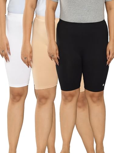 Image of LEADING LADY Women's Solid Cotton Mid Rise Shorts | Skinny fit Short for Workout, Yoga, Gym & Running Shorties (Pack of 3)