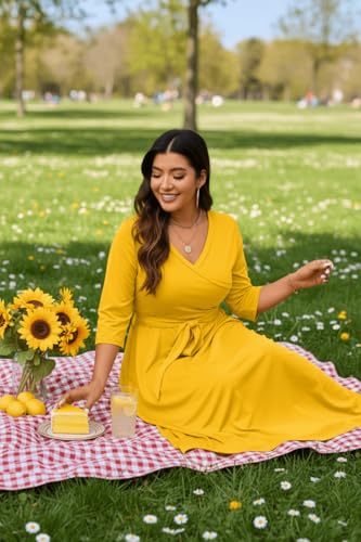 Image of Runwind Plus Size Dress for Women - 3 /4 Sleeve V Neck Maxi Dresses for Women (XL-6XL)