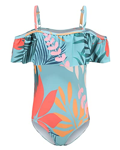 Image of Girls One Piece Swimsuits Off Shoulder Bathing Suit Kids Hawaiian Floral Swimwear 3-16 Years