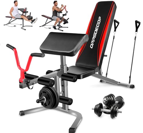 OPPSDECOR Adjustable Weight Bench Set with Leg Extension & Leg Curl, 900LBS Incline/Decline/Flat...