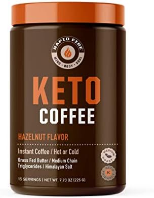 Rapidfire Ketogenic Fair Trade Instant Keto Coffee Mix, Supports Energy, Metabolism Support, Grass Fed Butter, MCTs & Himalayan Salt, 15 servings, Hazelnut Flavor, 7.93 Ounce