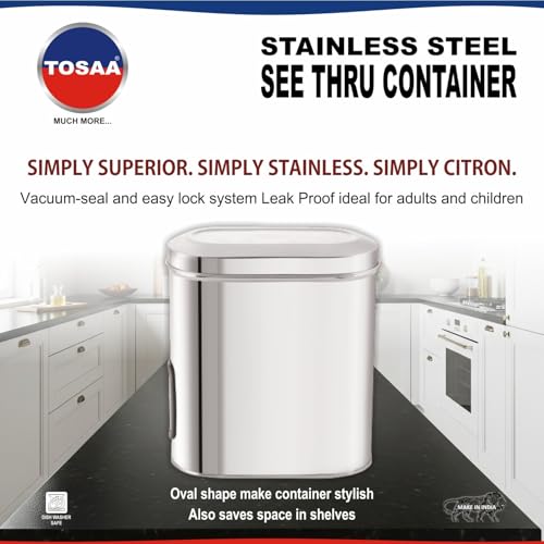 Image of Tosaa Stainless Steel Cover Window Clear Jars for Kitchen Storage Food Spices Canister with Airtight Lid Container Organizer, Tea Coffee & Sugar (2750 Ml)