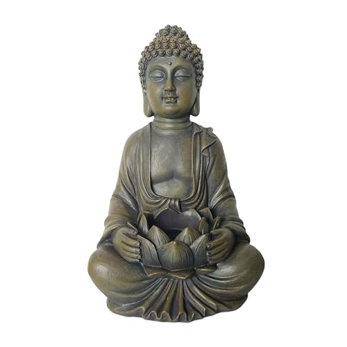 Relaxdays Statue de Bouddha Assis 30 cm, Jardin, Fleur de Lotus, déco Salon, résistante aux intempéries, Bronze