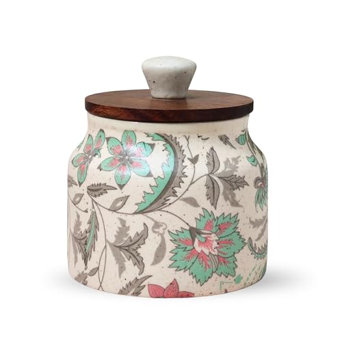 Image of Vistas 'Vintage Pastel' Airtight 380ml Set of 2 Ceramic Jar for Kitchen Storage | Handcrafted Ceramic Barni with Wooden Lid | Multipurpose Pickle, Spice & Salt Container