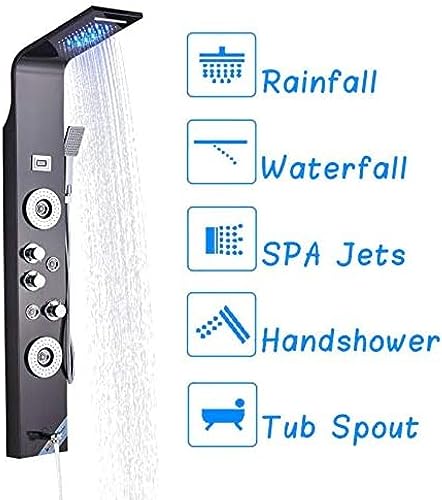 Panel de Ducha LED Torre con Jets y Llave para Bañera - Acero Inoxidable, Negro miniatura 2