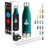 Baomay Botella Agua Acero Inoxidable Termo con Pajita 350ml - Doble Aislamiento Frascos Termica para Niños, Bici Deporte, Gimnasio, Oficina | Reutilizable Botella Térmicos Frio Sin BPA (Verde Oscuro)