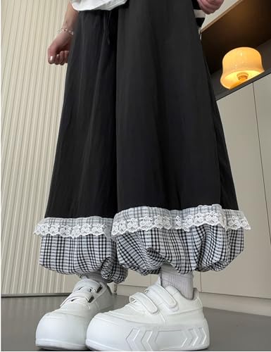 Womens Preppy Summer Tartan Bloomer Pants Lace Trim High Waist Flared Leggings Vintage Pantaloons Loungewear4