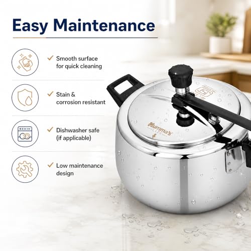 Image of Mumma's LIFE Cooker 5 Litres Stainless Steel | Heavy-Duty Silver Pressure Cooker with Inner Lid | Cool-Touch Handles | ISI Certified Lock System | Induction & Gas Stove Compatible