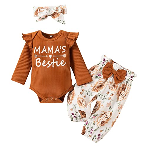 Huttam Vêtements Bébé Fille 0-24 Mois Ensemble de Pyjama Bebe Fille Naissance Pas Cher Habit Body Bebe Fille Manche Longue Grenouillere Barboteuse + Pantalon + Bandeau Bebe Fille (0-6 mois, Marron) Cover