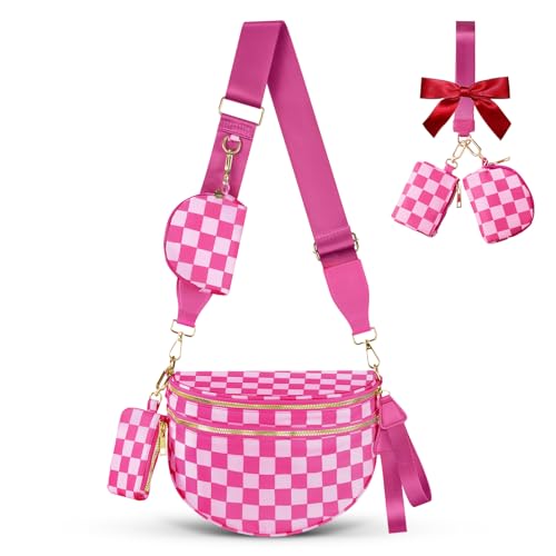 Cross Body Bag for Women Checkered Crossbody Bags Bum Bags for Women Fanny Packs for Girls Small Nylon Checkered Purse Trendy Shoulder Bag (Checkered Rose One Size)