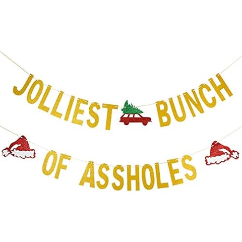 Gold Glitter Jolliest Bunch Of Assholes Banner- Christmas Party Decorations,Christmas Vacation Party Decorations, Ugly Christmas Sweater Party Decorations, Christmas Decorations for Home Office Fireplace Mantel Cover