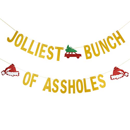 Gold Jolliest Bunch Of Assholes Christmas Party Banner, Funny Friendsmas Banner Decorations for Xmas Holiday Home Office Fireplace Mantle Decor