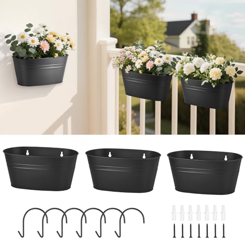 Dahey 3 Pcs Wall Planters for Indoor Plants 10.6 Inch Metal Hanging Flower Pots for Railing Fence Outdoor Countryside Window Flower Holder with Hooks Drainage Holes for Garden Yard Home Decor, Black