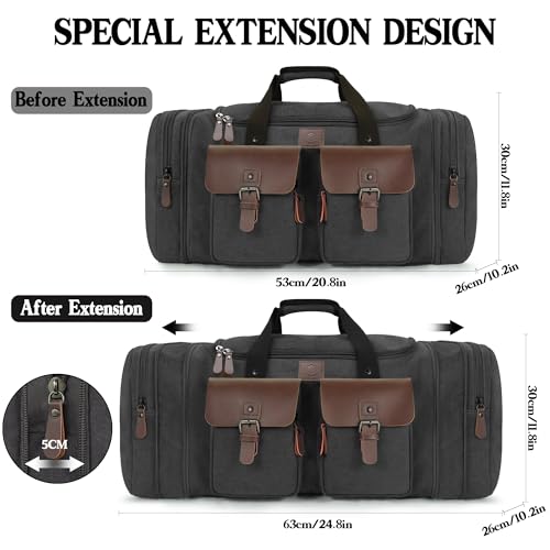 Canvas Duffle Bag for Men 50L Travel Duffel Bags Expandable Genuine Leather Overnight Weekender Carry On Bag Two Zipper Pockets Travel Bag (Black, Large-50L)2