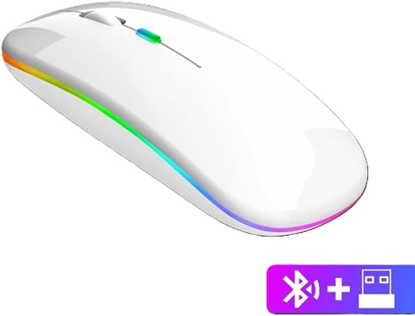 Ratón inalámbrico recargable RGB ultrafino 1600 DPI con doble modo Bluetooth 5.0 + 2.4 GHz, clic silencioso, 3 niveles de DPI (800/1200/1600), diseño ambidiestro, luz LED, tamaño compacto (Blanco). - 2