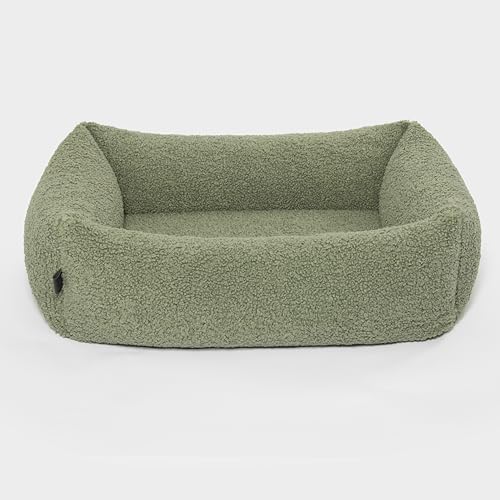 PAW WOW Sven Hundebett | Orthopädisches Hundebett | Teddy-Stoff | Hundekörbchen für kleine, mittelgroße und große Hunde (Olive, 85x65cm)