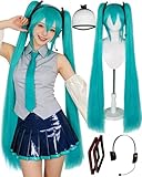 ESUNO Hair Cap+Long Green Pontail Wig with Headphone and Frame Headpieces Teal Pigtail Wigs Women Double Ponytail Wig Green Anime Cospaly Costume Long Straight Hair for Cosplay Halloween Party
