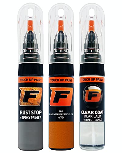 FIRANTO Kit de Pintura de Retoque Coche para Kawasaki Motorcycles 470 Pearl Blazing Orange, Set de Reparación de Rayones y Arañazos Incluye 15 ml Bolígrafo para Retocar Pintura Coche, Primer y Barniz Cover