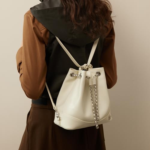 LA FESTIN Leather Purses for Women Cute Backpack Lightweight Shoulder Small Trendy Bucket Handbags with Strap Silver Chain (White)2
