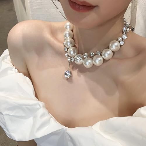 Chunky Pearl Choker Necklace For Women Big Pearl Necklaces Exaggerated Large Pearl Necklaces Layered rhinestone pendant choker Statement Necklace Wedding Jewelry Gifts For Women3