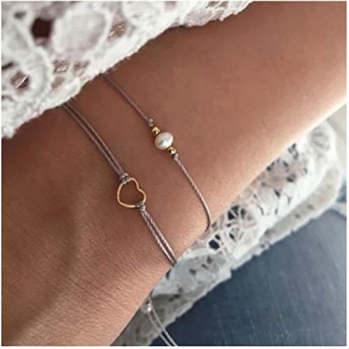 Olbye Triple Leather Bracelet Gold Heart Bracelet Gray String Hand Chain Jewelry for Women and Teen Girls