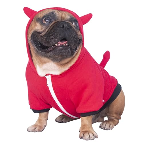 iChoue Little Devil Dog Halloween Costumes Clothes Sweater Cute Funny for English Bulldog Cold Weather Winter Coats Hoodies – Red, XLarge