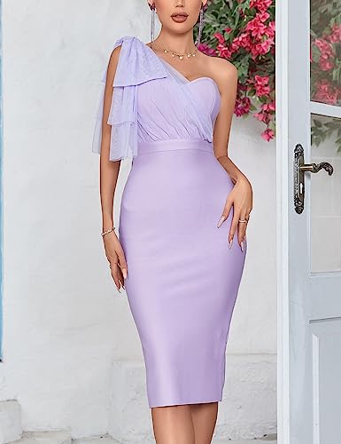 Image of houstil Women's One Shoulder Cocktail Bandage Dress Midi Party Mesh Bow Bodycon Wedding Guest Dresses