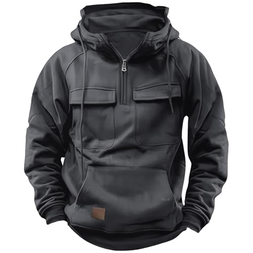 Image of Drantren Cargo Hoodies for Men Tactical Sweatshirt Quarter Zip Cargo Pullover Hoodies Workout Gym Men Fashion Outdoor Hoodie
