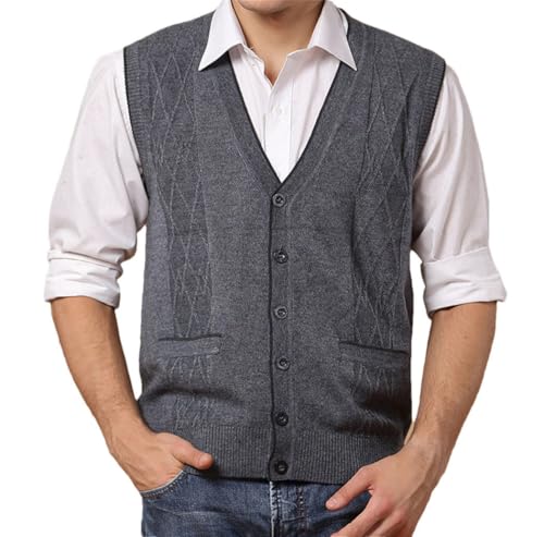 Men's Wool Cardigan Vest Autumn Winter Solid Business V-Neck Knitted Sleeveless Vest