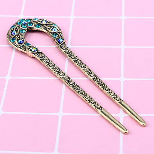 KALLORY Vintage U Shaped Hair Pin Crystal Chignon Pin Mental Hair Pin Fork Sticks for Women Girls, Blue - Image 2