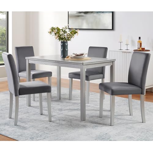 Image of KEIKI 5-Piece Standard Height Dining Table Set with Rectangular Table and 4 Upholstered Chair, for 4 Person, Crystal Decoration Wooden Table Set, Easy Assembly, for Kitchen, Dining Room, Silver Grey