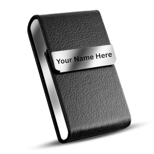Image of FELSTAR Customized /Personalized Card Holder with Name Engraved, Leather Professional Business Visiting Card Holder /Credit Card Holders Men, Women Day Gift, Corporate Gift for Employees (S Black Plain)