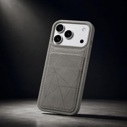 Image of amazon basics Premium Vegan Leather Back Cover with Card Holder and Integrated Mobile Stand for iPhone 17 Pro Max - Slim Shockproof Wallet Case with Geometric Stitching [Gray]