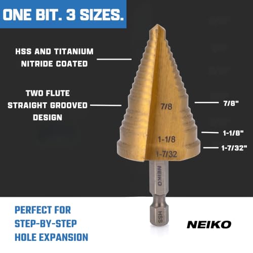 Image of NEIKO 10636A Step Drill Bit, 3 Steps 7 /8 inch to 1-7 /32 inch Straight High Speed Steel, Titanium Nitride Coated, 1 /4 inch Quick Change Step Bits for Steel, Metal, Wood, Plastic, Unibit Cone Drill Bits, Two Flute