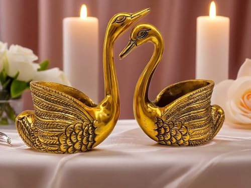 Image of Mruli Krishna Swan Tealight Candle Holder Set, Gold Metal, 13.5 cm Height, 14 cm Length, 2 Pieces