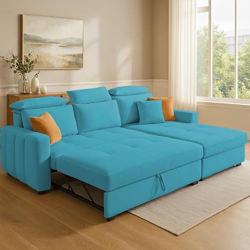 Image of Casaliving Gagnon RHS 4 Seater L Shape Corner Sofa Cum Bed for Living Room (Turquise Fabric) Premium Fabric Sofa