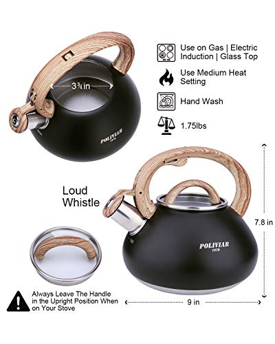 POLIVIAR Tea Kettle, 2.1 Quart Stove Top Black Tea Kettle Stovetop, Food Grade Stainless Steel Teapot, Anti-Hot Handle, Loud Whistle and Anti-Rust, Suitable for All Hear Source (JX2019-BL20） - Thumbnail 3
