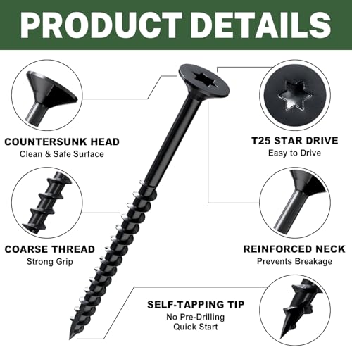 Image of LIONMAX Deck Screws 3 Inch, Wood Screws #10 x 3, 300 PCS, Rust Resistant, Exterior Epoxy Coated, Outdoor Decking Screws, Torx /Star Drive Head Screw, T25 Star Bit Included, Black