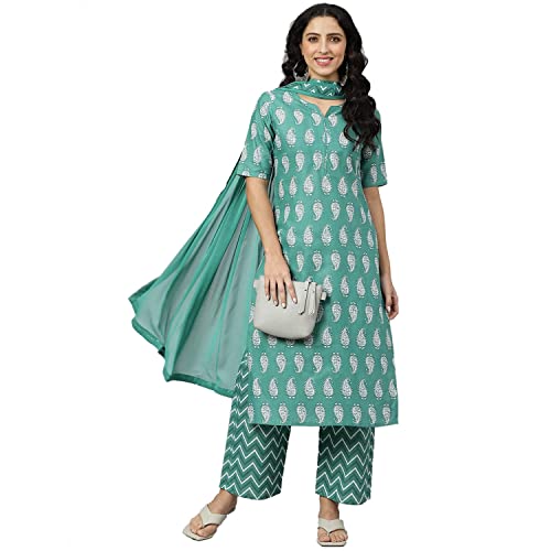 Image of GoSriKi Women's Cotton Blend Printed Straight Kurta, Palazzo & Dupatta (Tinka New-GO)