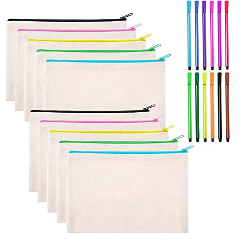 Pochette Tissu Zippée Vierge, 10 Pièces DIY Vierge Toile Trousse, Trousses Crayons Vierge avec 12 Crayons Couleur, Trousses en Tissu Vierges Blanc, pour l'École, Cosmétiques, Bureau (21x12cm) Cover
