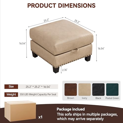 Image of 25.2 inch Faux Leather Storage Ottoman Bench for Couch, Vintage PU Leather Foot Stool with Nailhead Trim for Sofas, Mid Century Modern Hidden Storage Footrest for Living Room, Bedroom, Office, Ivory
