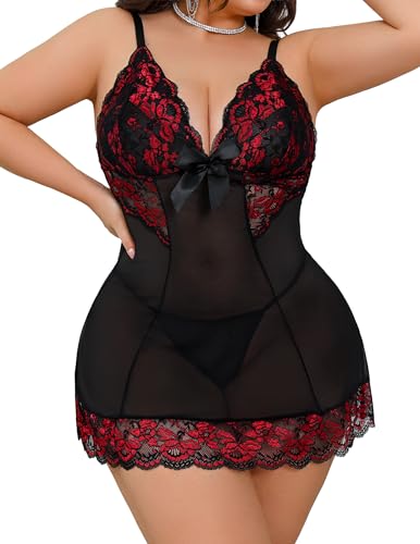 Image of Alrovetoney Women Plus Size Babydoll Lingerie Lace Chemise Mesh Sleepwear Strappy Sexy Nightgown Boudoir Outfit L-4XL