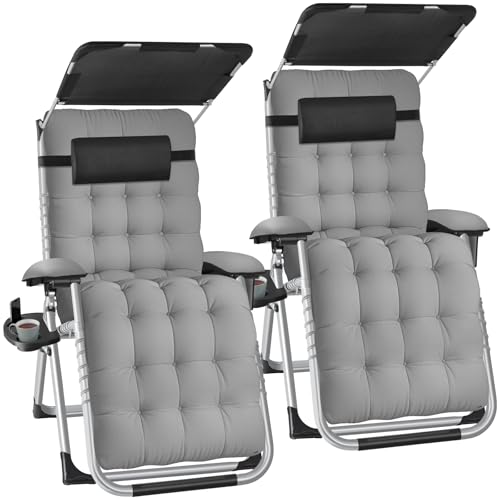 tectake® Lot de 2 Fauteuil de Jardin Bain de Soleil avec Pare Soleil Chaise Longue Pliable & Inclinable avec Rembourrage Repose Pieds Appuie-tête Amovible Salon de...