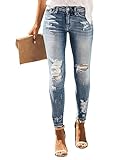 KUNMI Women's Mid Waisted Skinny Ripped Jeans Slim Fit Distressed Stretchy Denim Pants